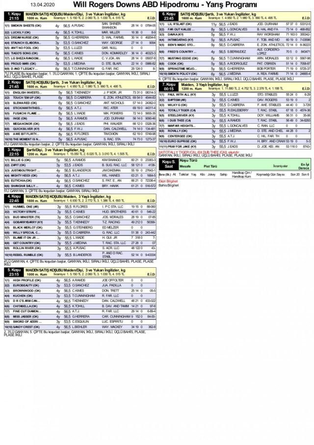 13 Nisan 2020 Pazartesi at yarışı b&uuml;lteni
