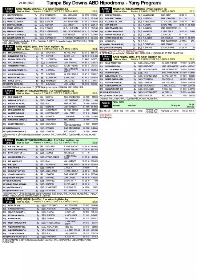 24 Nisan 2020 Tampa Bay Downs ABD Hipodromu tahminleri - at yarışı sonuçları