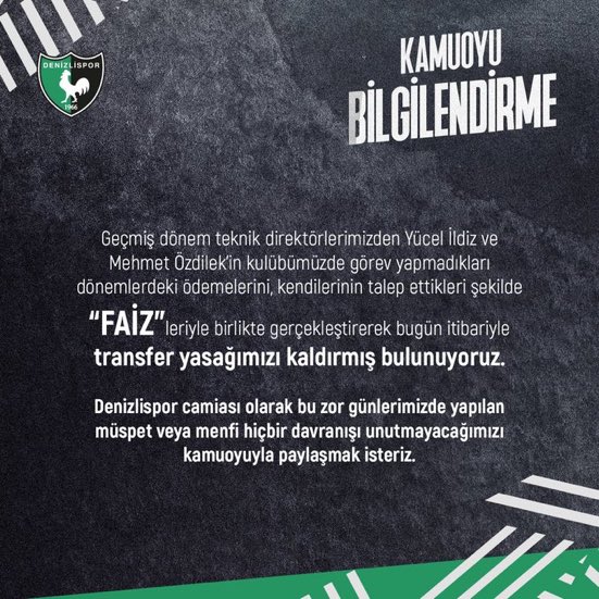 Denizlispor transfer yasağını kaldırdı